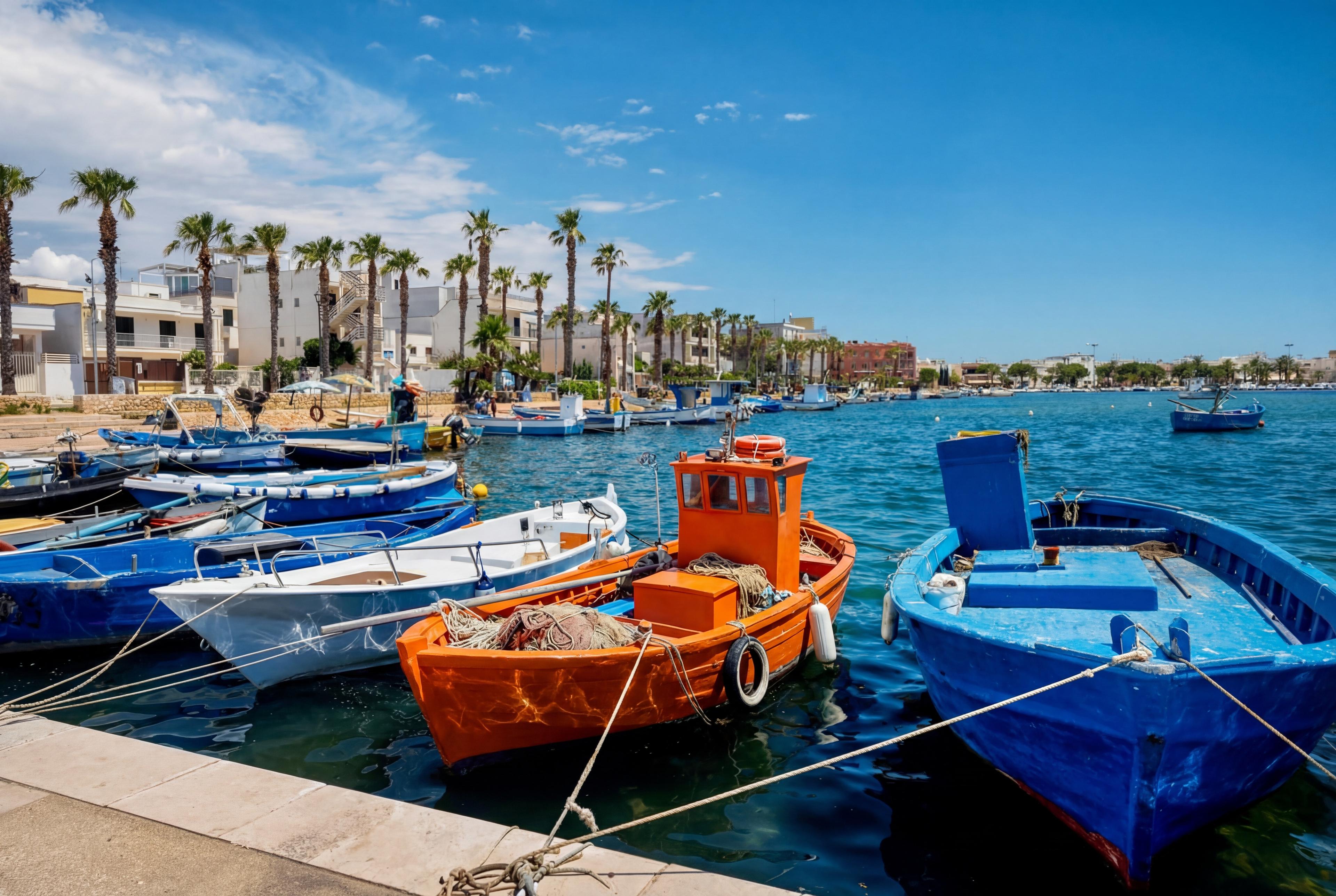 Colourful fishing boats in Porto Cesareo harbour with palm trees and waterfront
