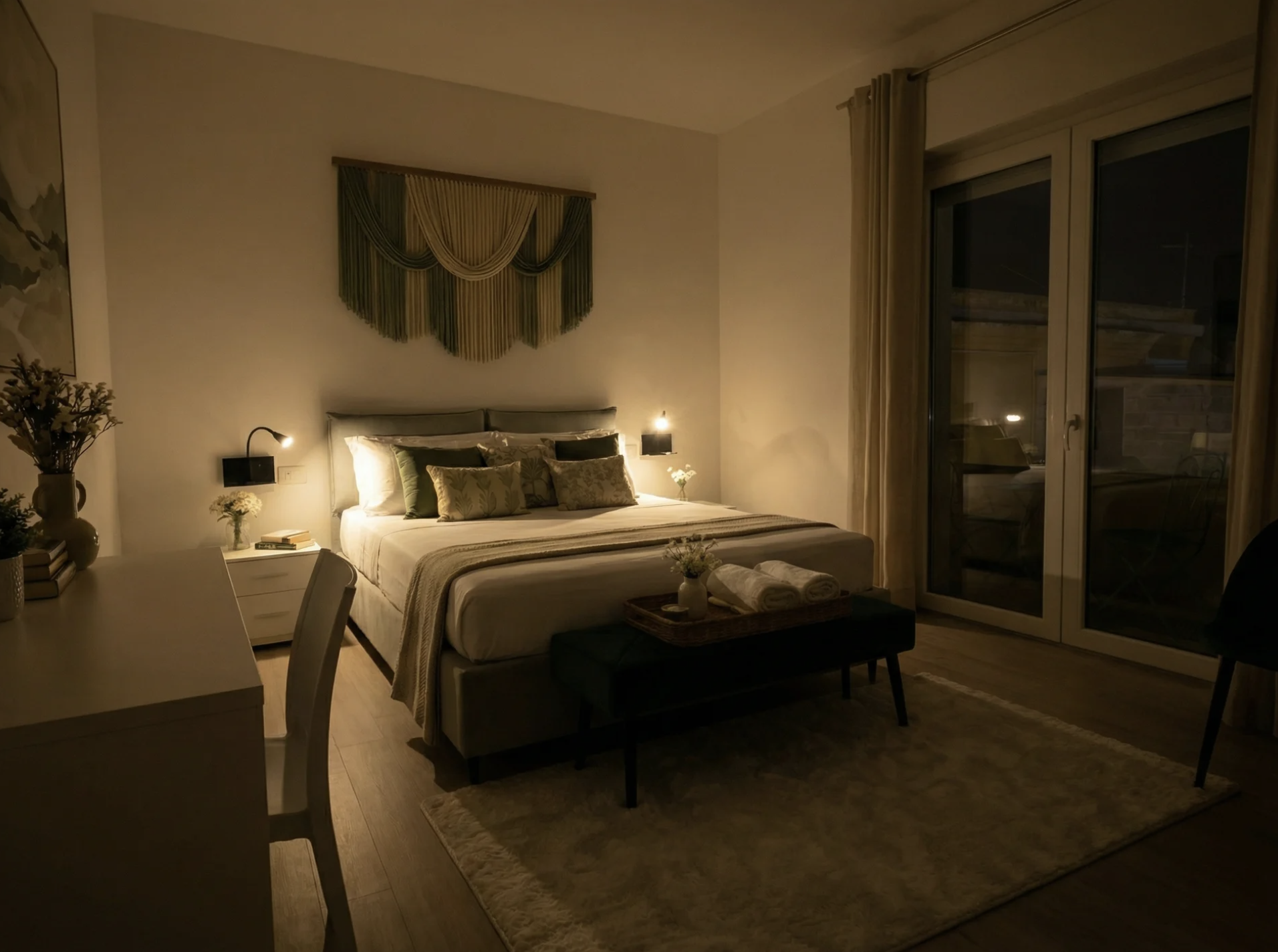 Terra bedroom with warm ambient lighting and bedside lamps in Porto Cesareo