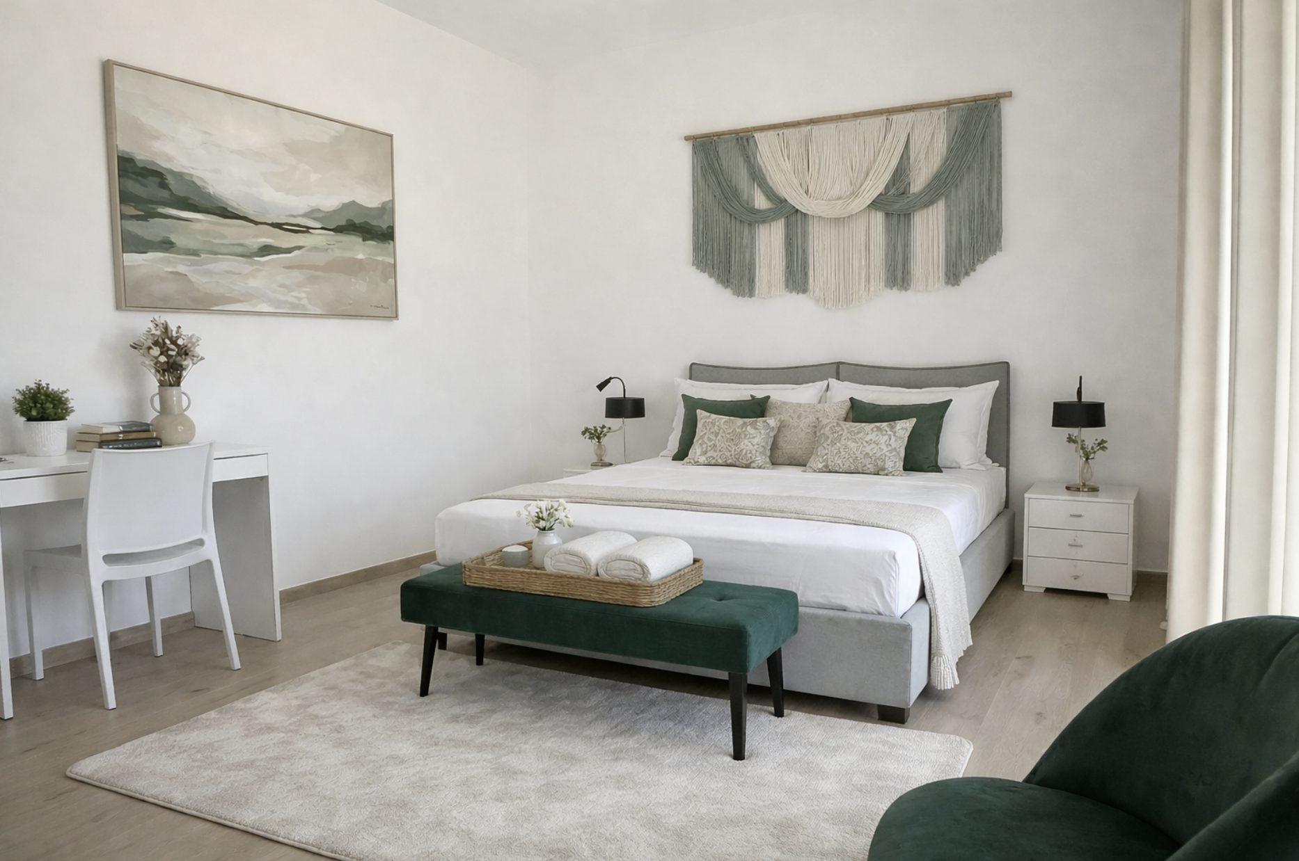 Designer bedroom with sage green accents in Sunset Garden Terra apartment, Porto Cesareo